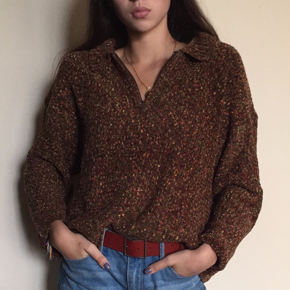 Quarter Zip Brown Soft Sweater Top